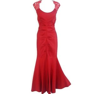 Red Hot Gown Cindy USA Body Con Lace Flare Mermaid Peplum Stretch Vintage XL